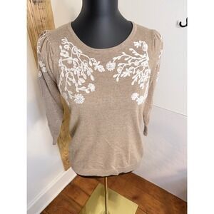 Rain + Rose Embroidered Sweater Womens Medium Taupe Floral Knit 3/4 Sleeve